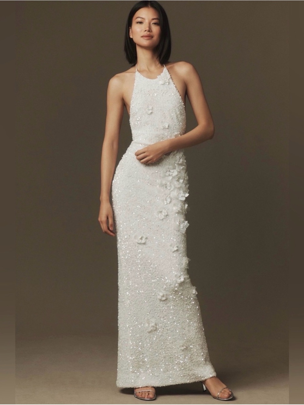 Halter Neck White Sequin Column Wedding Dress with 3D Floral Accents
